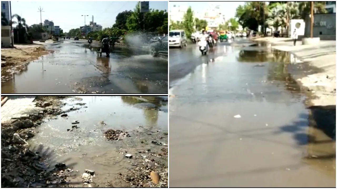 Leakage in drinking water line near ISKCON Heights in Gotri area of Vadodara
