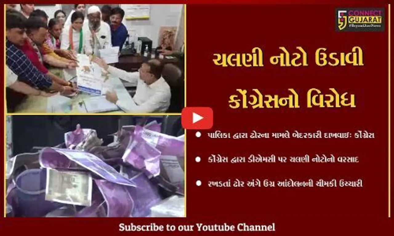 જામનગર :કોંગ્રેસ રખડતા ઢોર મુદ્દે મેદાનમાં ઉતર્યું, ખોટી ચલણી નોટોનો વરસાદ કરી વિરોધ નોંધાવ્યો