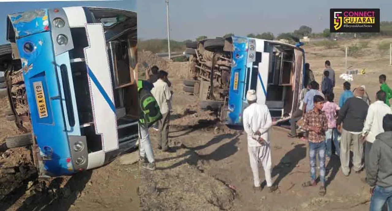 જામનગર: નારાણપર ગામે ખાનગી બસ પલટી, ૨૦ ઘાયલ  
