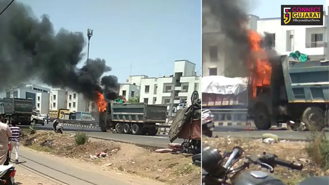 ભરૂચ મનુબર ચોકડી વિસ્તારમાં ડમ્પરમાં આગ થી મચી અફરાતફરી