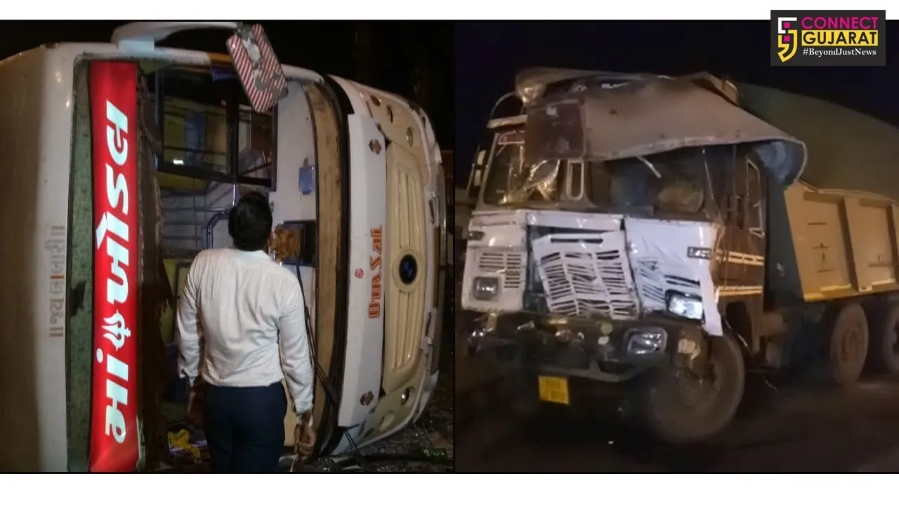 ભરૂચ :  નર્મદા ચોકડી નજીક રેતી ભરેલી ટ્રકને ઓવરટેક કરવા ગયેલી લક્ઝરી બસ પલટી, 15થી વધુને ઇજા