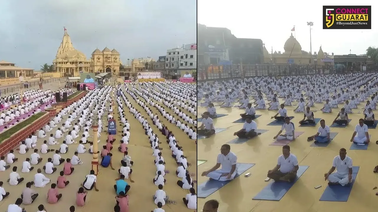 સોમનાથ મહાદેવ મંદિરના પટાંગણમાં કરાઈ યોગ દિવસની ઉજવણી, જુઓ ડ્રોન કેમેરાનો નજારો