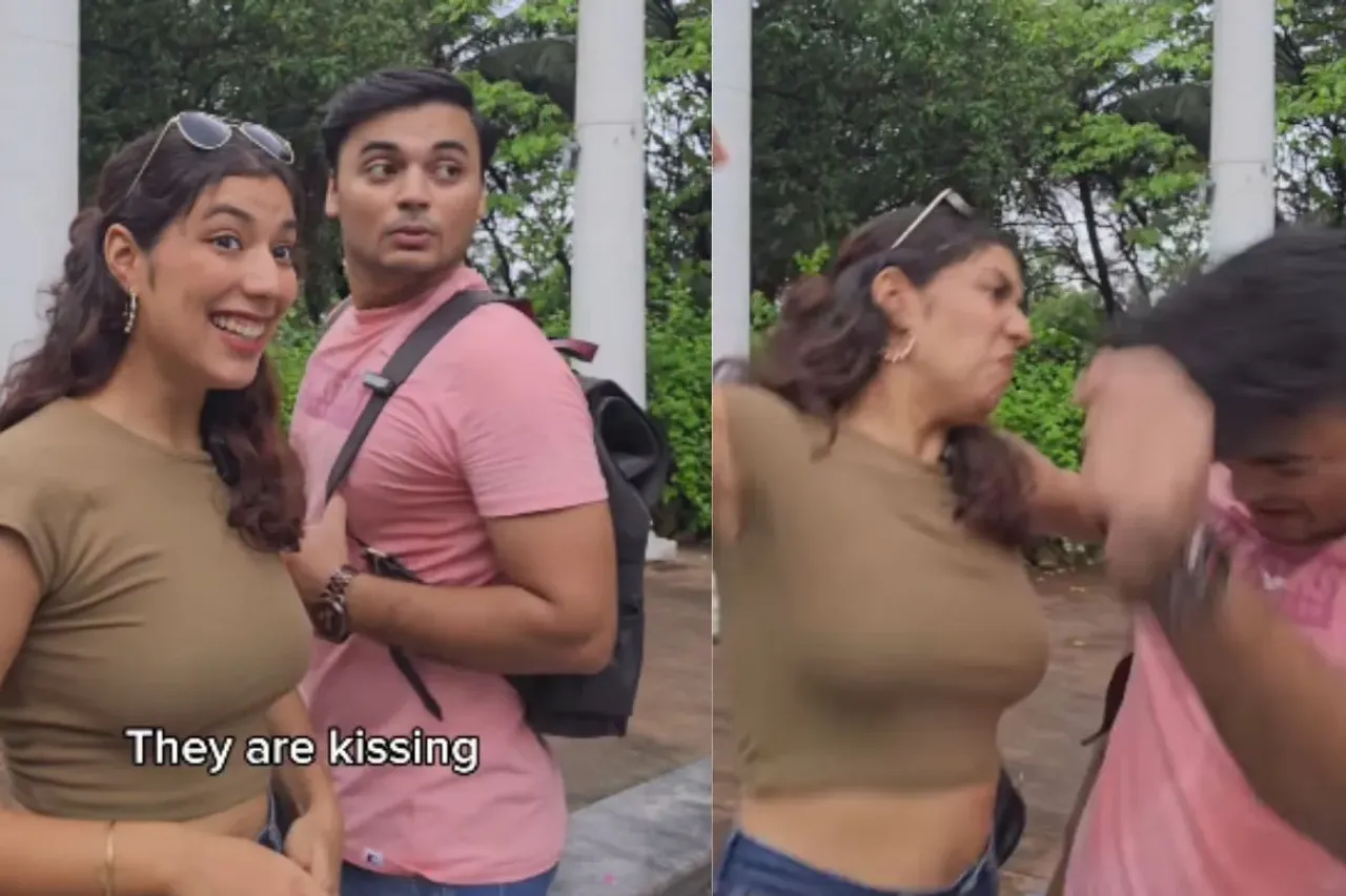 Girl proposing boyfriend to kiss