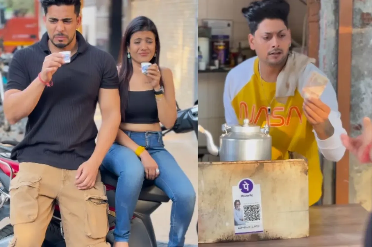 Tea seller serving tea to boy and girl