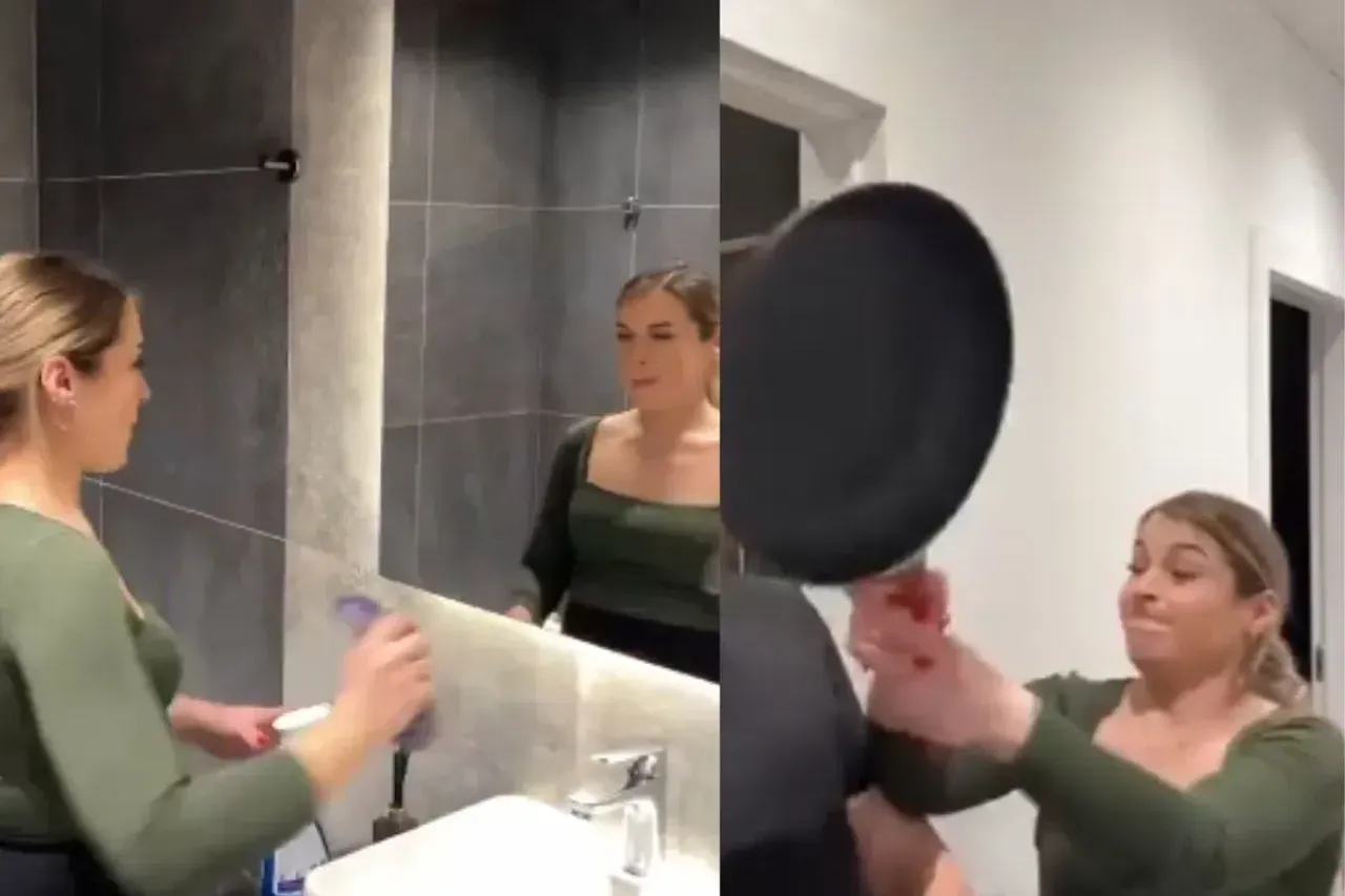 Wife cleaning mirror and wash basin