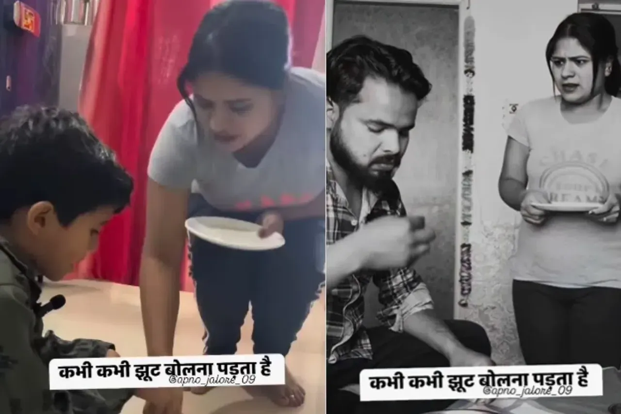 Wife serving meal to son and husband