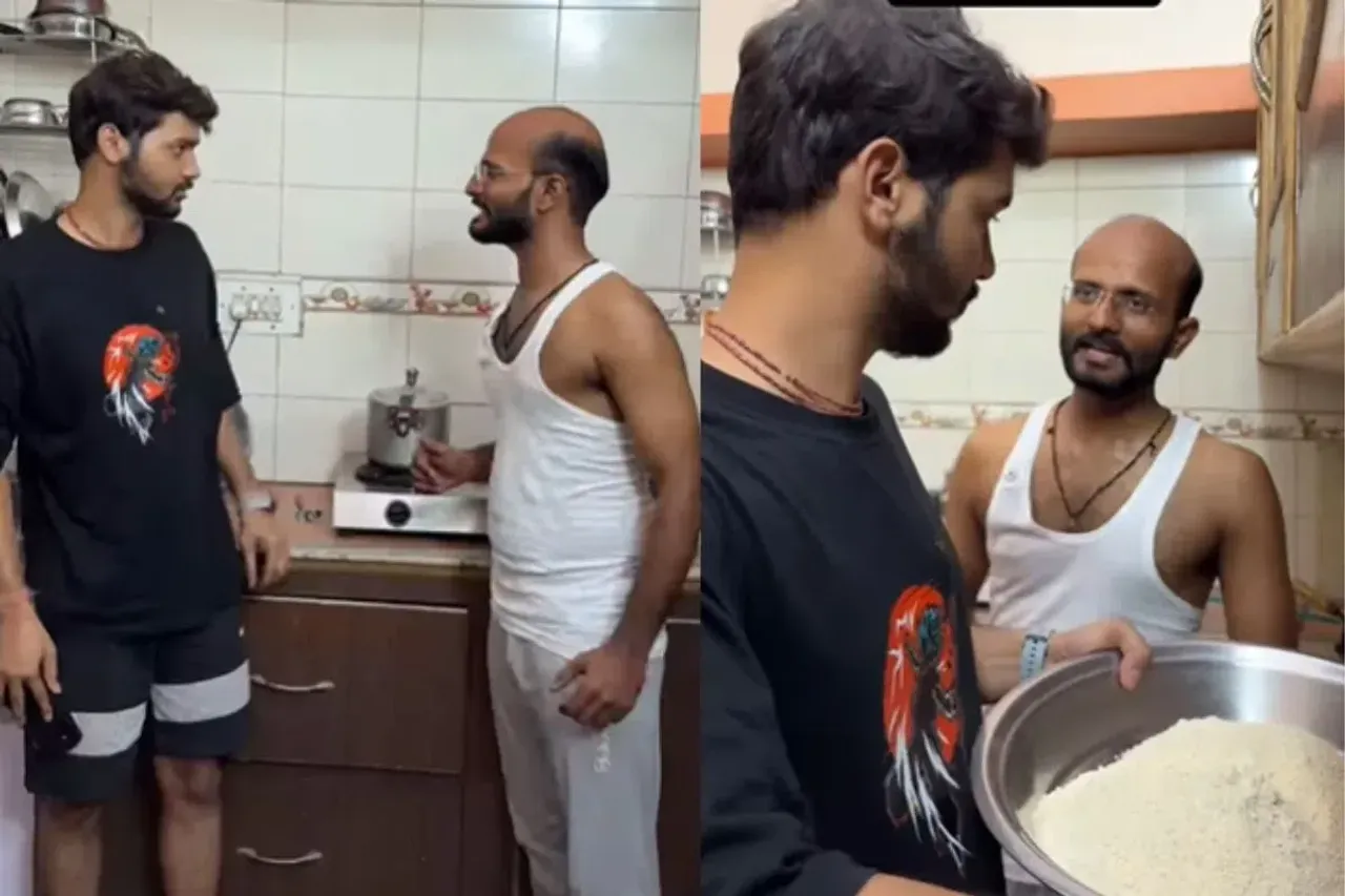 Father teaches son how to cook food