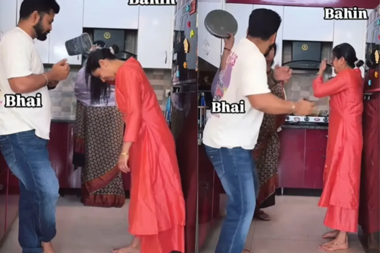 Sister and brother play prank at each other