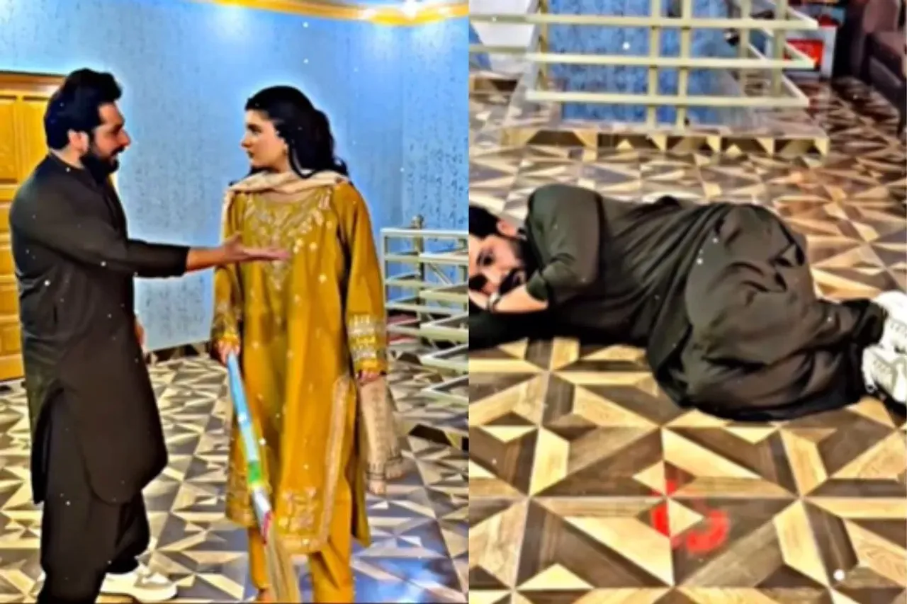 Husband scolding wife for damaging household items
