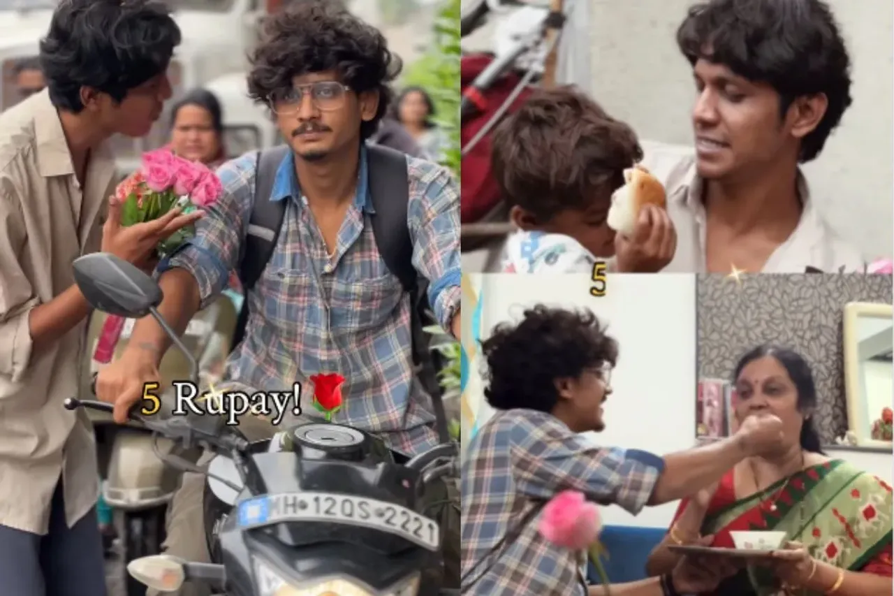 Motorcyclist buying a bouquet of flowers