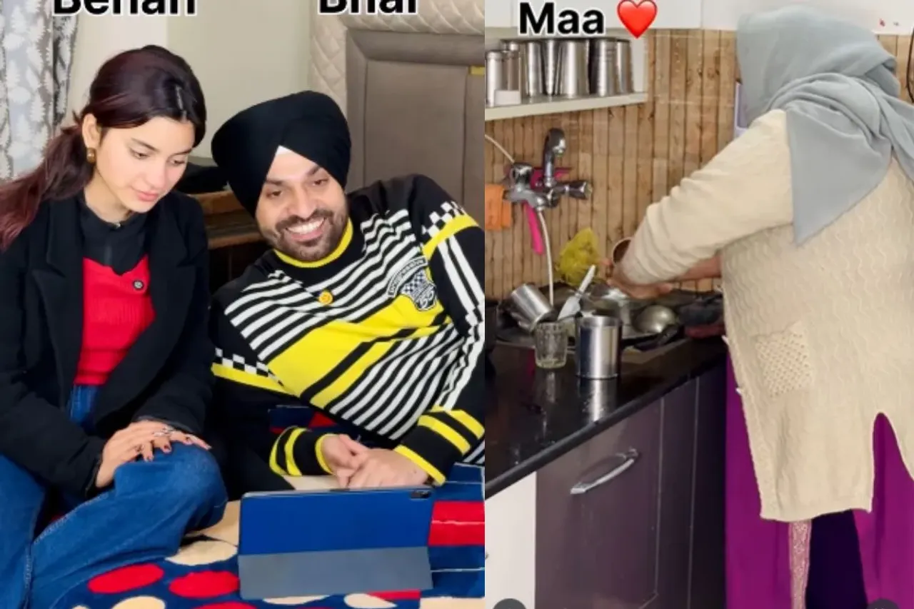 Brother and sister seeing mother working in the kitchen