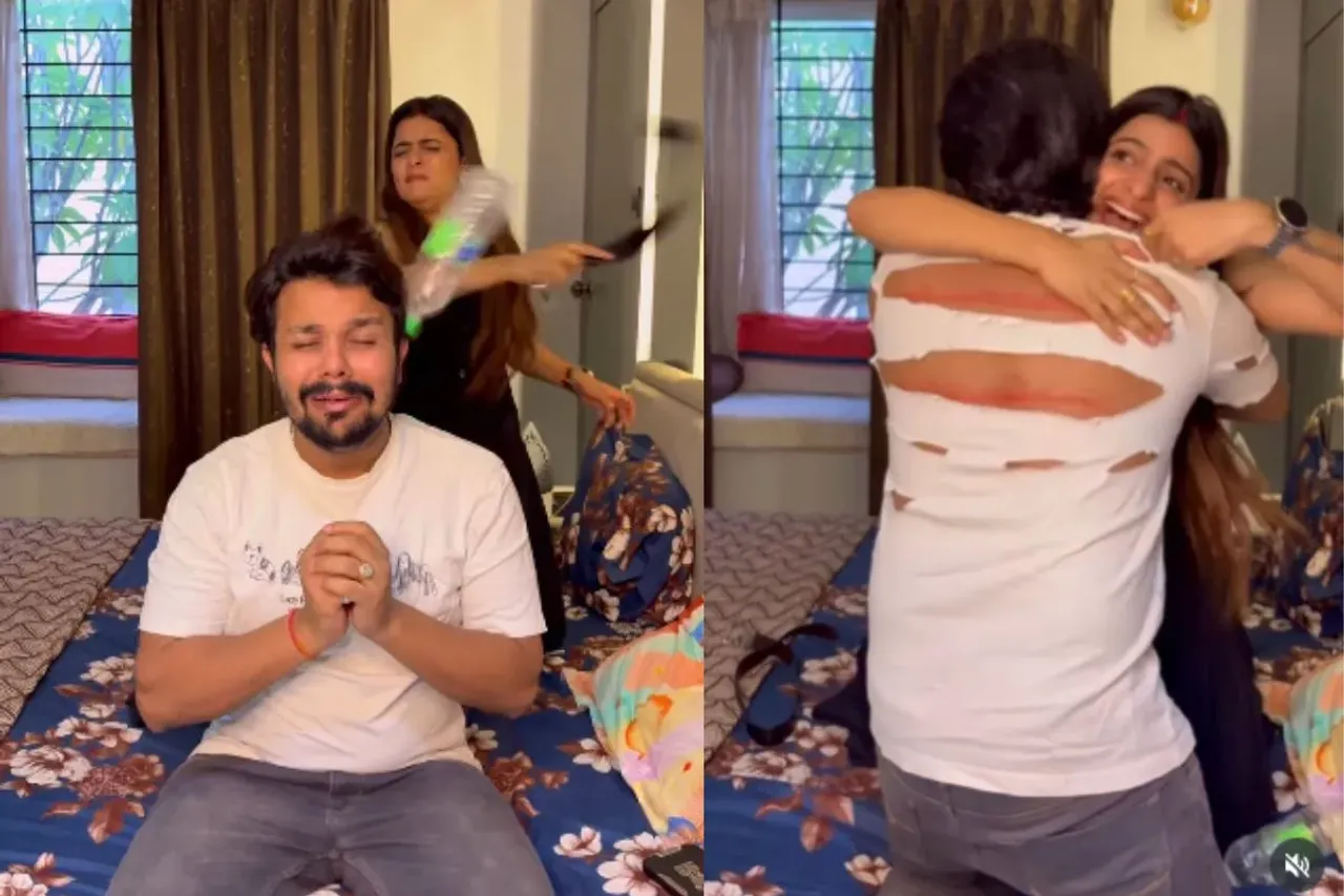 Wife toppling bottle from the head of her husband
