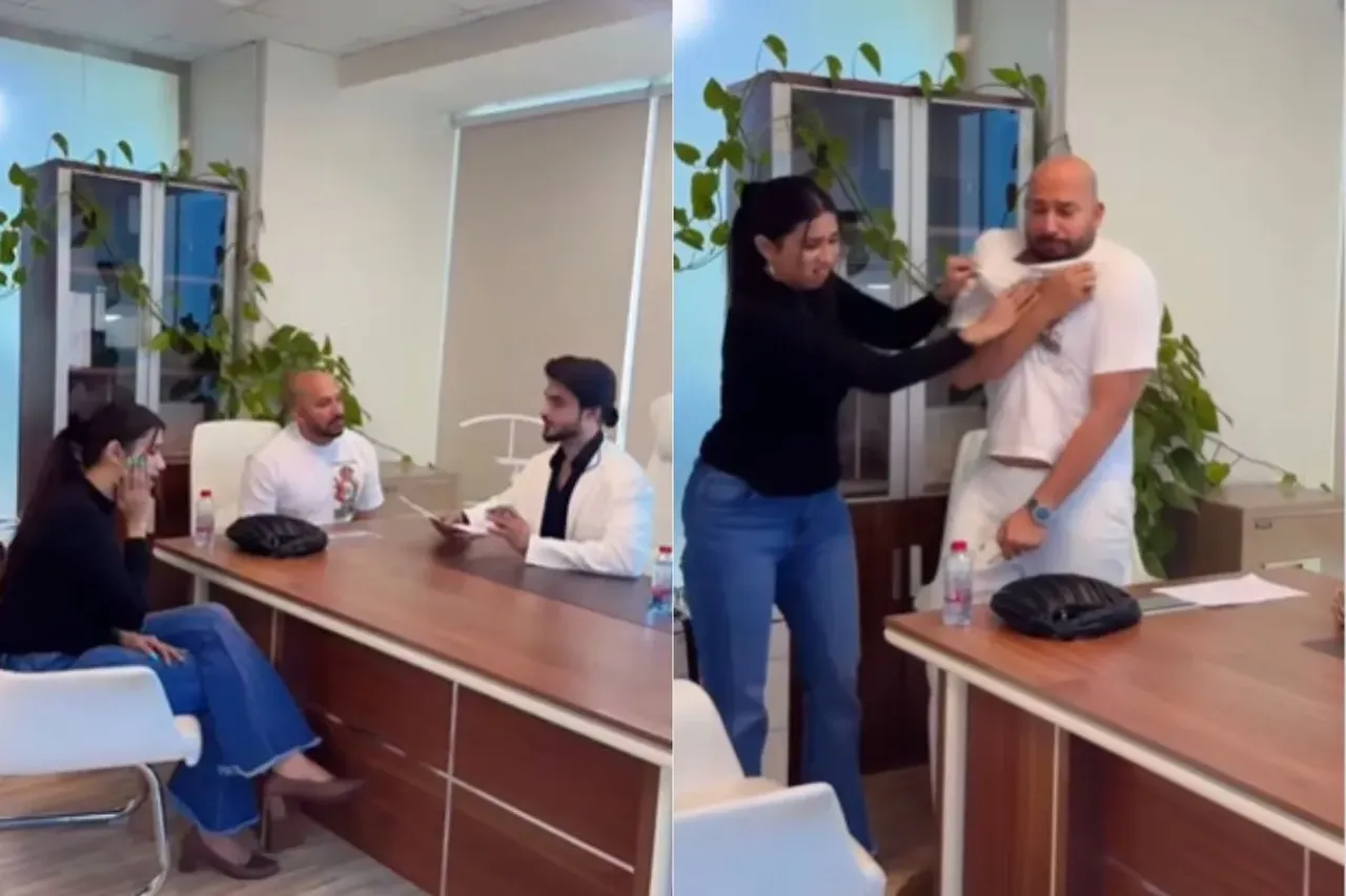 Husband taking wife to a doctor for oral treatment