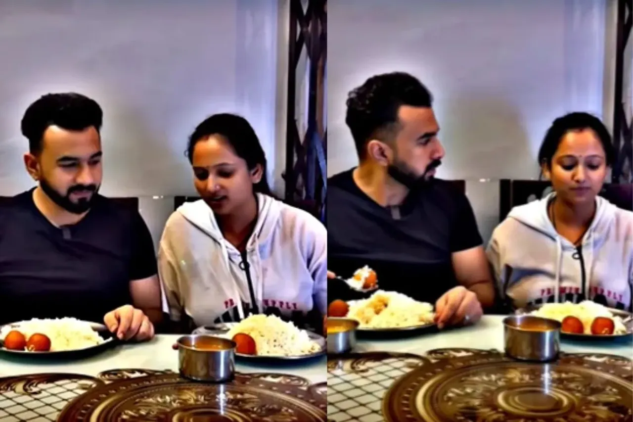Clever wife outwitting husband on dining table