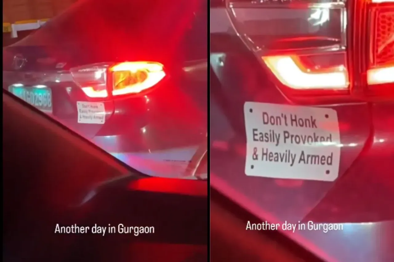 Dabang Putting On No Honking Warning  Easily Provoked Heavily Armed notice on his car