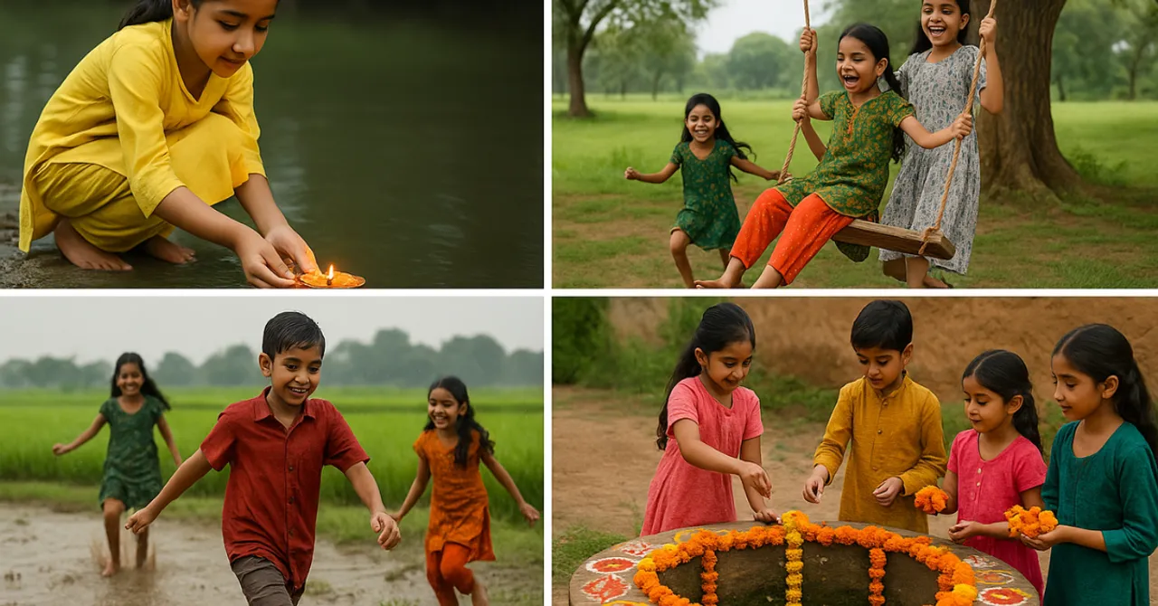Children across rural India celebrate the monsoon through joyful rituals — from lighting diyas to swings and decorated wells.
