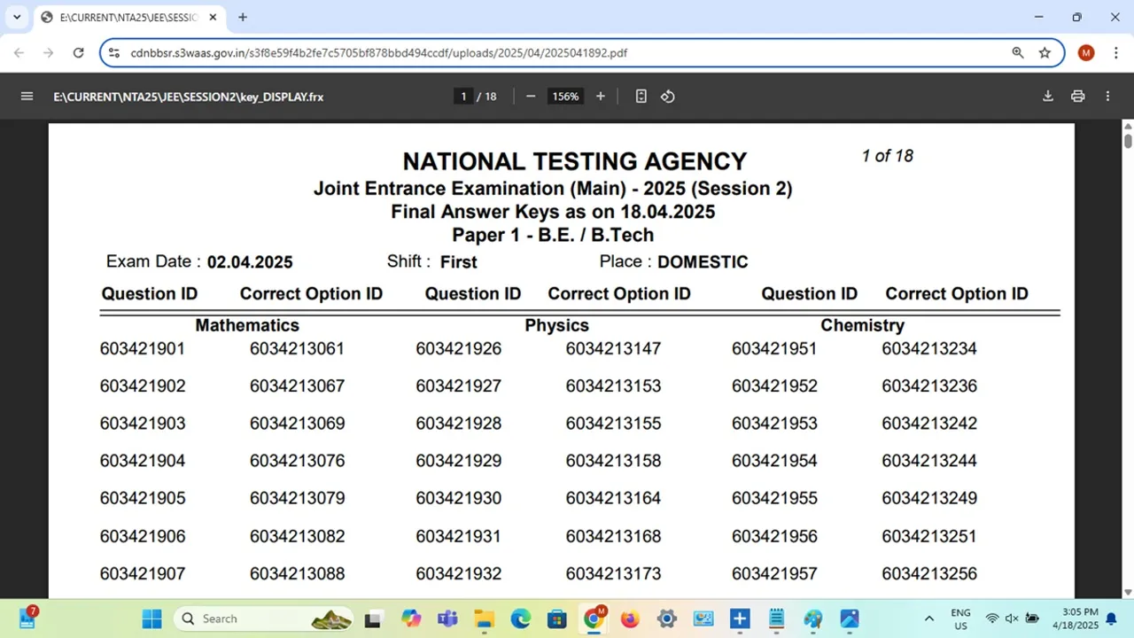 JEE Main Session 2 Final Answer key