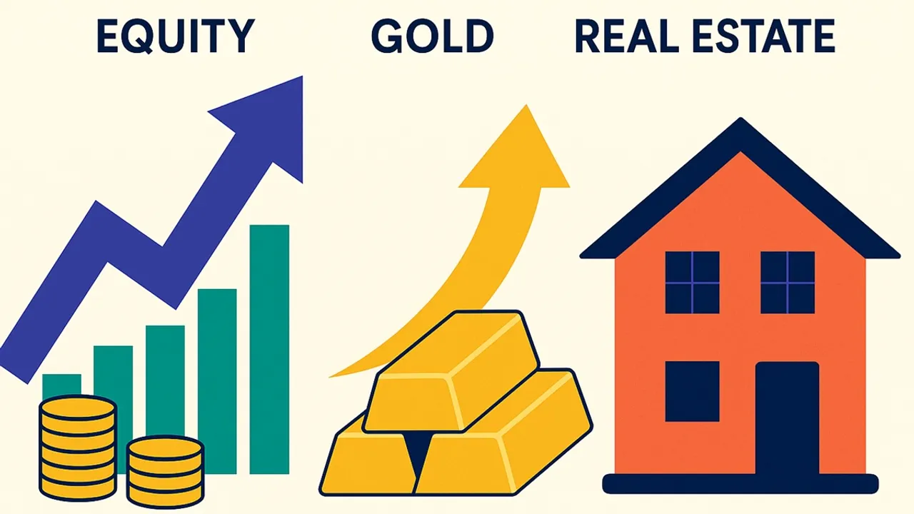 equity vs gold vs real estate returns, 20 year investment comparison India, best long term asset India, stock market vs gold vs property