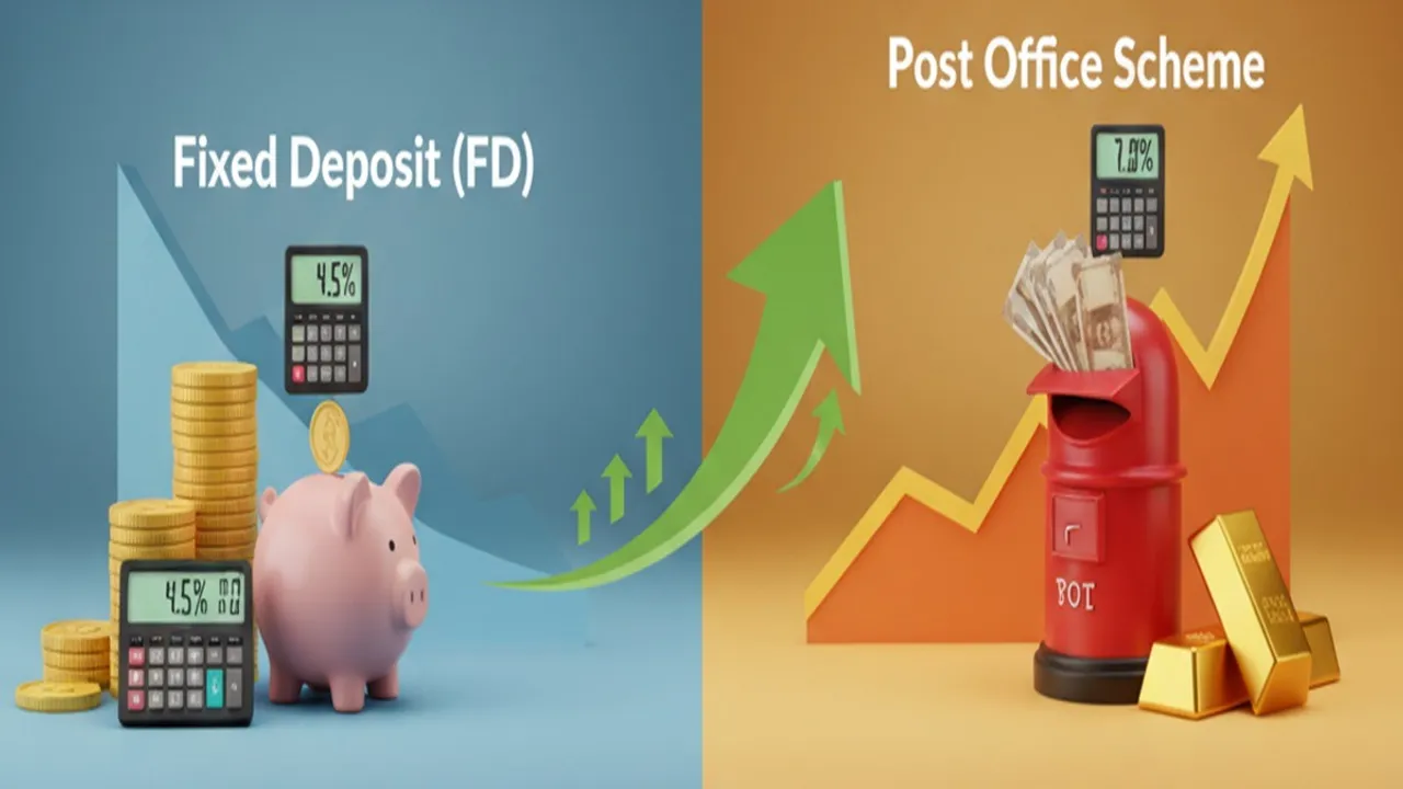 FD vs Post Office Scheme, Post Office schemes higher returns, Post Office vs Bank FD interest rates, Best Post Office savings schemes 2025, Post Office interest rates 7% to 8.2%, Bank FD rates falling 2025, Highest FD interest rates private banks, Highest FD rates PSU banks, Small savings schemes interest rates, Senior Citizen Savings Scheme interest 2025, Sukanya Samriddhi Yojana interest rate, National Savings Certificate rate 2025, Kisan Vikas Patra maturity period, Safe investment options India, FD vs Post Office schemes safety, Sovereign guarantee savings schemes, Best investment for safe returns India, High return low risk investment India, Post Office deposit schemes 2025, PPF interest rate 2025, NSC interest rate 2025