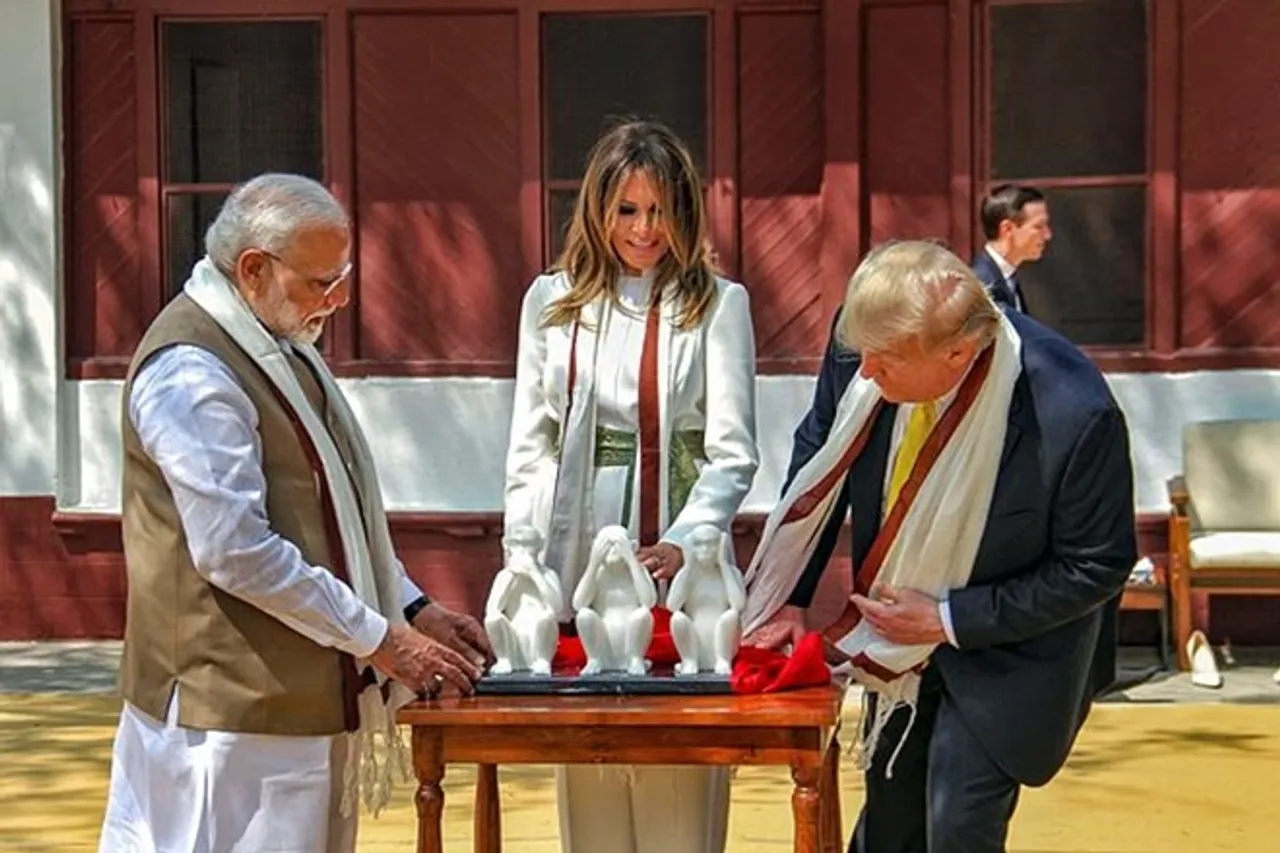 gandhi ji's Three wise monkeys statue, book, charkha gifted to american president donald Trump at sabarmati aashram