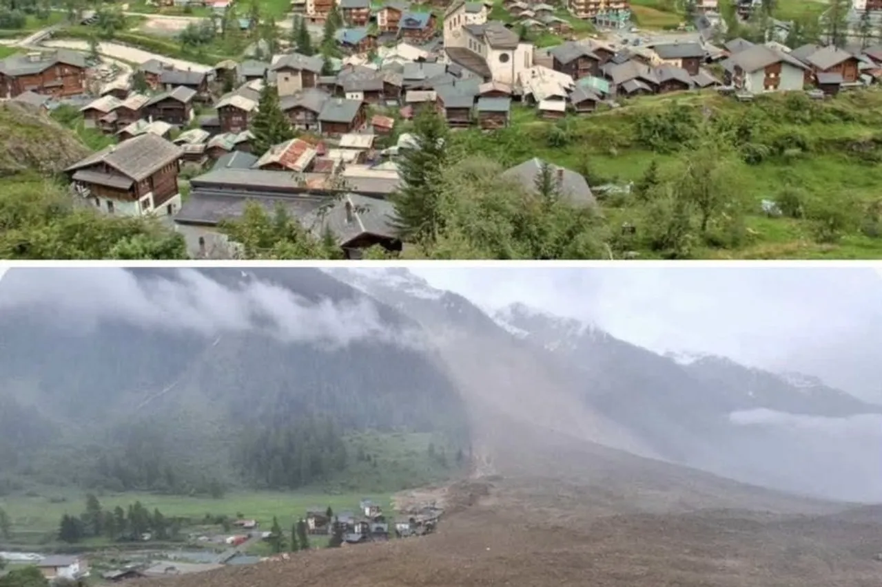 Aerial view of glacier collapse and landslide debris covering Blatten village in Switzerland