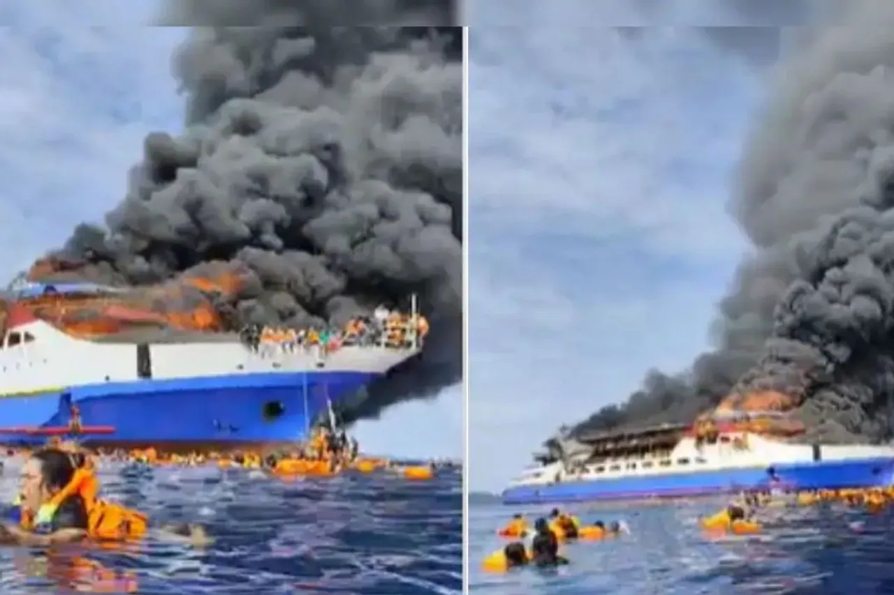 KM Barcelona 5 ferry burning at sea near Indonesia