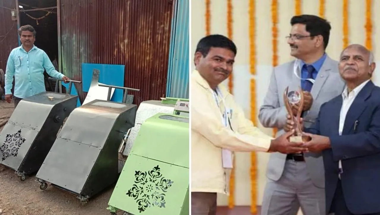 Mohan Lamb won award for Cow dung Collector Machine