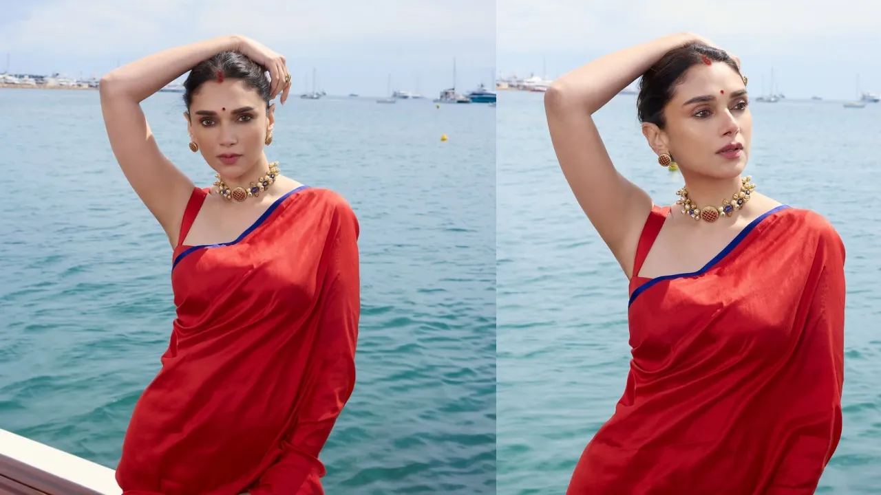 Aditi Rao Hydari Stuns at Cannes 2025 with Elegant Red Saree Look