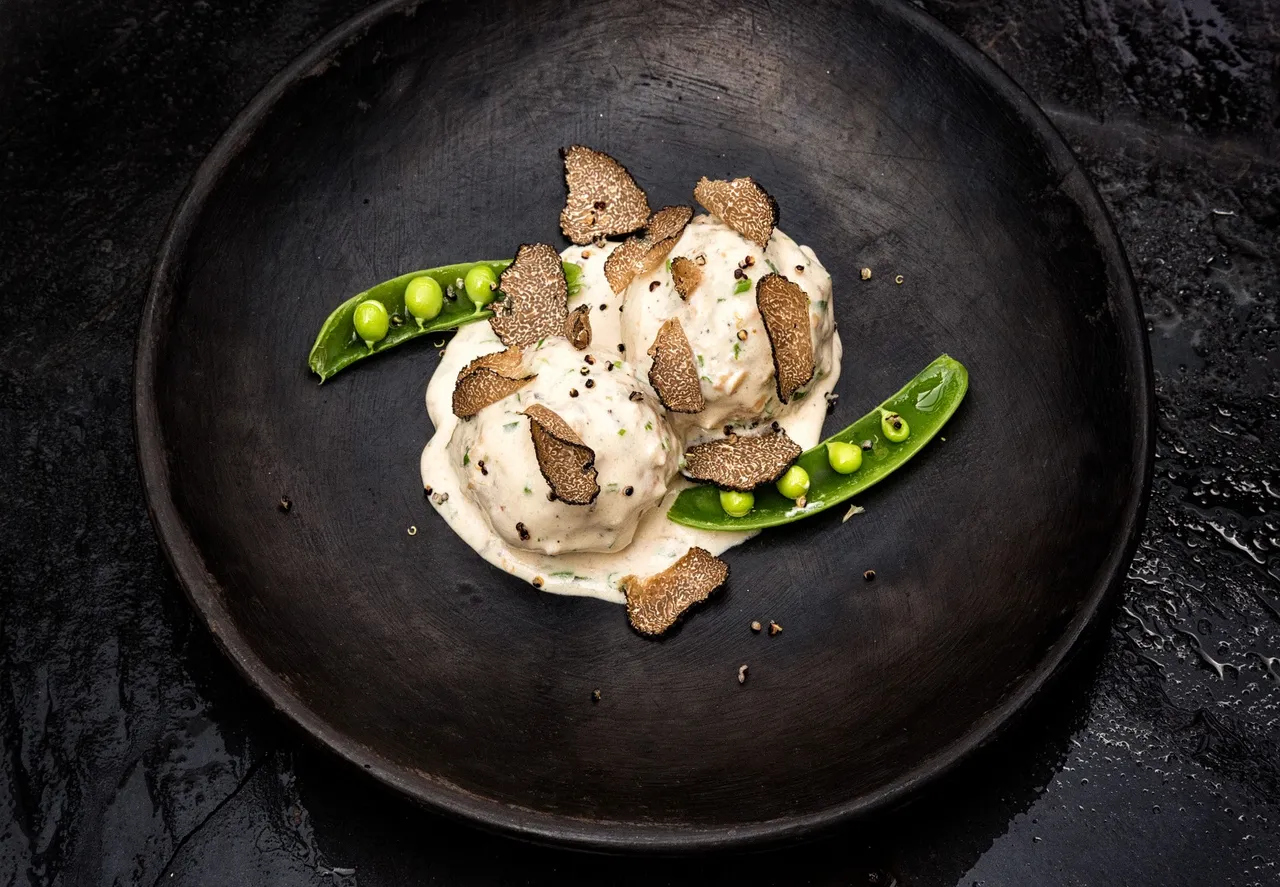 Murgh Malai Meatball, Green Chill Cream, Truffles