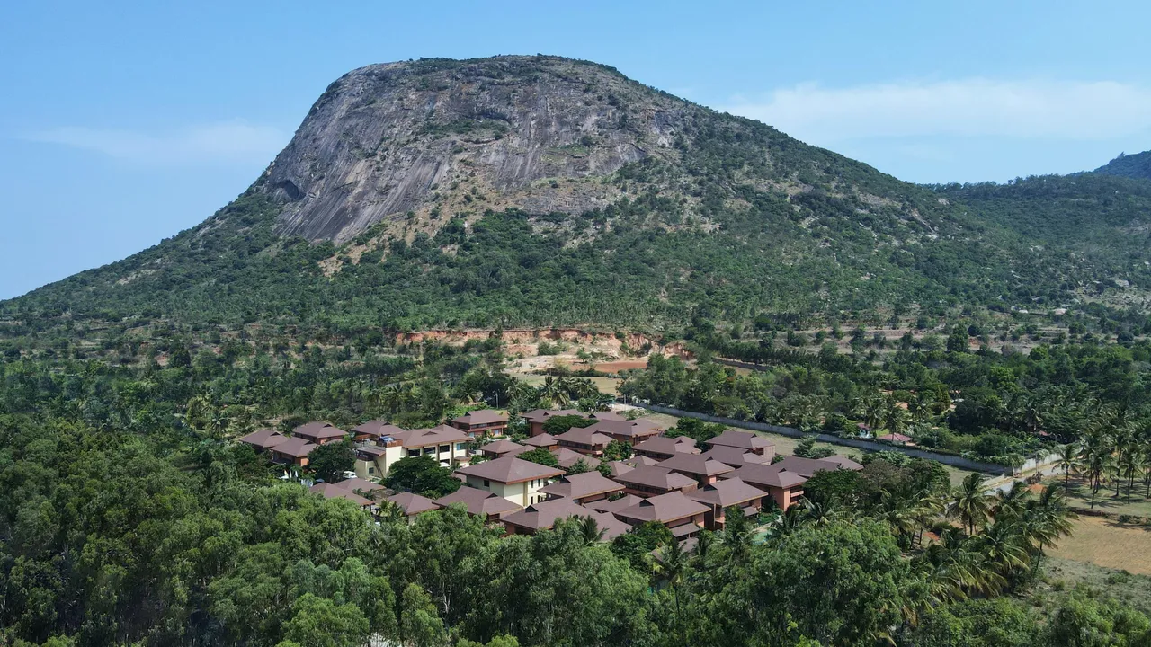 Drone overview of Mulberry Shades Bengaluru at the foothills of Nandi