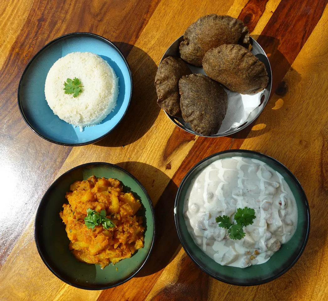 Sweet & Tangy Pumpkin Curry-Vrat Sepcial barnyard Millet Rice-Royal Panner with Cashew & Foxnut-Buckwheat Flour Puris