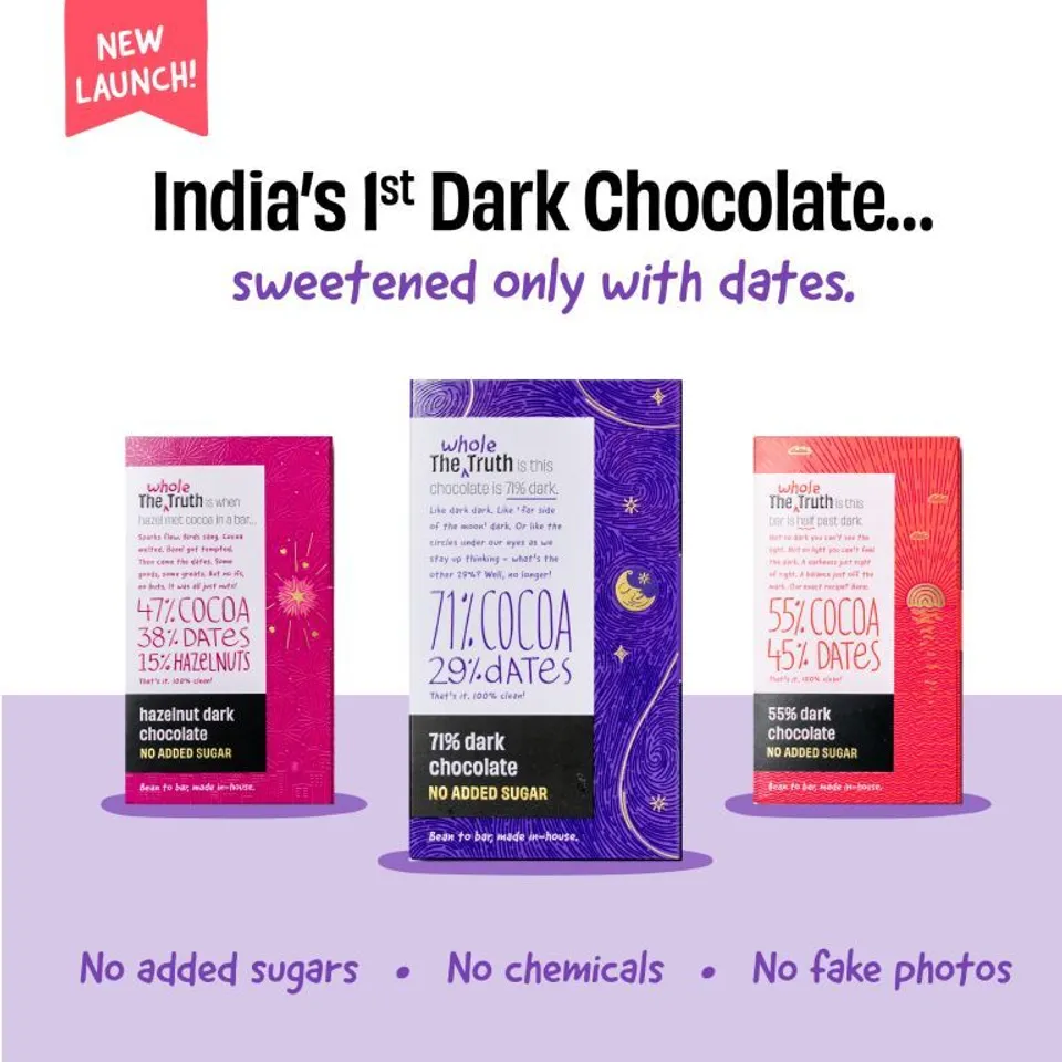 The Whole Truth brings to you a chocolate unlike any other - India’s first Date-Sweetened Dark Chocolate range