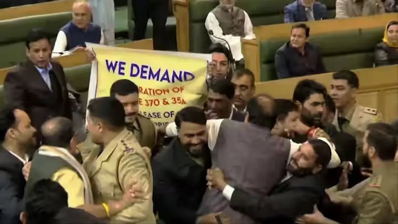  J&K assembly as Engineer Rashid's brother shows banner on Article 370