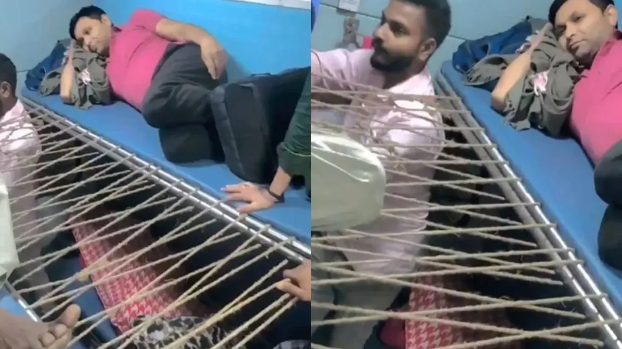Indian man weaves hammock between train berths
