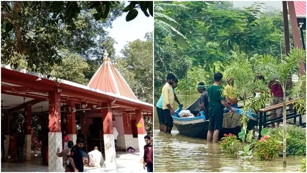 Birbhum Kankalitala waterlogging, couple marries in temple, wedding during rain, waterlogged temple wedding, Birbhum unusual marriage, monsoon rain impact, flooded temple marriage, local viral wedding, Birbhum weather news, romantic rain wedding,বীরভূম কঙ্কালীতলা জলমগ্ন, মন্দিরে বিয়ে, বৃষ্টির মধ্যে বিয়ে, জলমগ্ন মন্দিরে বিবাহ, বীরভূম অদ্ভুত বিবাহ, বর্ষার প্রভাব, বন্যা পরিস্থিতিতে বিয়ে, স্থানীয় ভাইরাল বিয়ে, বীরভূম আবহাওয়া খবর, রোমান্টিক বর্ষার বিয়ে