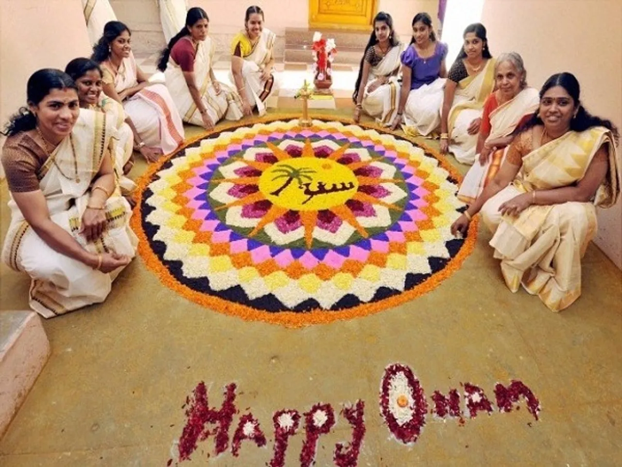 During Onam homes are adorned with Pookalam
