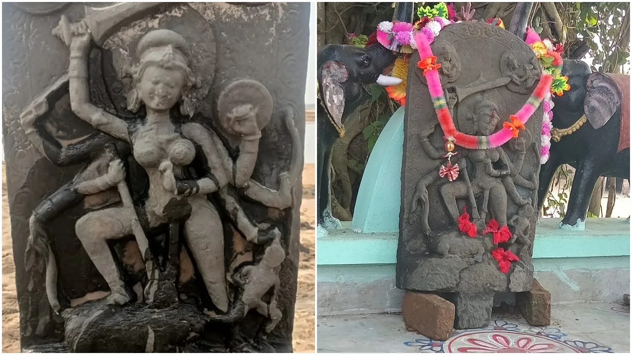 Damodar river, Durga idol recovered, Galsi, Burdwan, ancient Mahishasuramardini, stone idol, 1500 years old, Bengal archaeology, Durga Puja aftermath, villagers discovery,দামোদর নদ, দুর্গা মূর্তি উদ্ধার, গলসি, পূর্ব বর্ধমান, মহিষাসুরমর্দিনী, প্রাচীন মূর্তি, বেলে পাথরের মূর্তি, দুর্গা চরণ বিশ্বাস, বিশ্বজিৎ ঘোষ, শ্যামসুন্দর বেরা, প্রত্নতাত্ত্বিক গুরুত্ব, মন্দিরে পূজা, প্রাণপ্রতিষ্ঠা