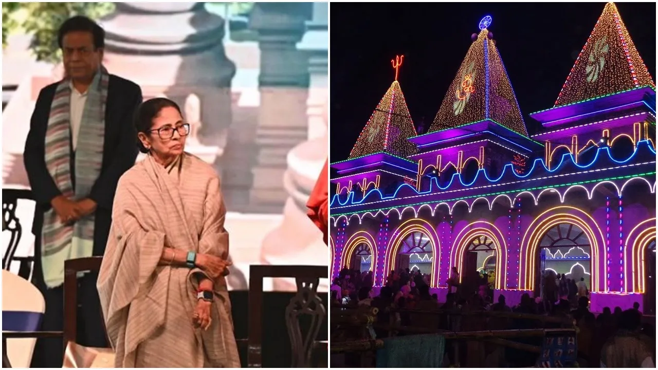 Durga Angan Newtown, Mamata Banerjee Durga Angan, Dilip Ghosh BJP attack, Durga Angan controversy, West Bengal politics, Newtown Durga temple, Durga Angan foundation stone, Ganga Sagar bridge Mamata, employment generation Bengal, TMC BJP clash