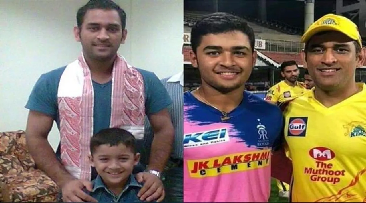 Dhoni with his fan turned rival Riyan Parag