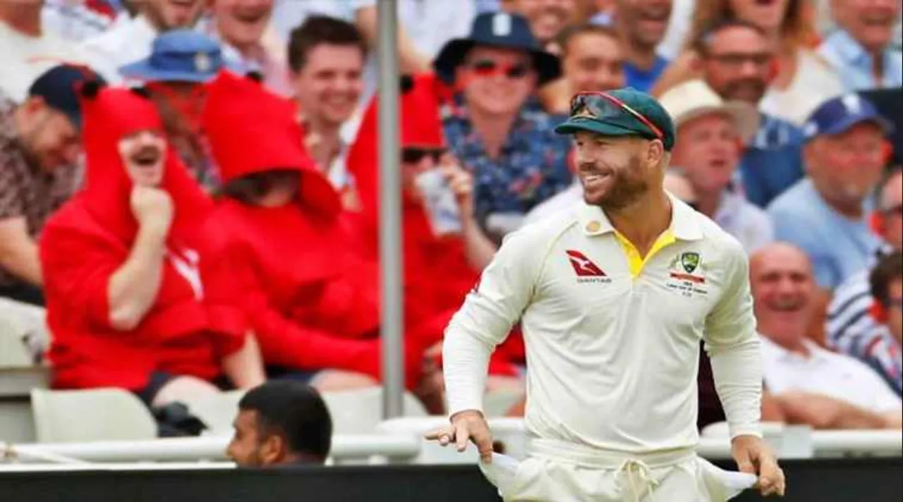 David Warner shows empty pockets to boisterous English crowd chanting ‘he’s got sandpaper’