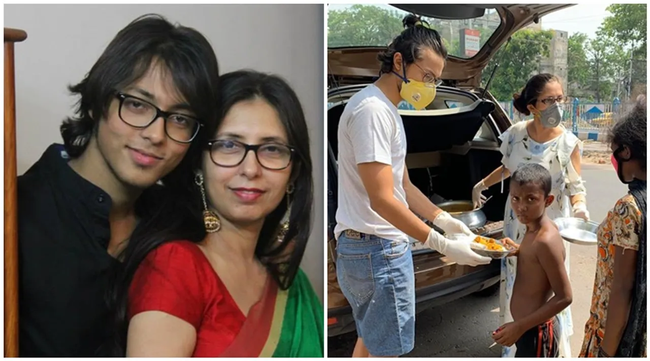 Actress Chaiti Ghoshal and son Amartya feeding homeless Amphan Affected people in Kolkata