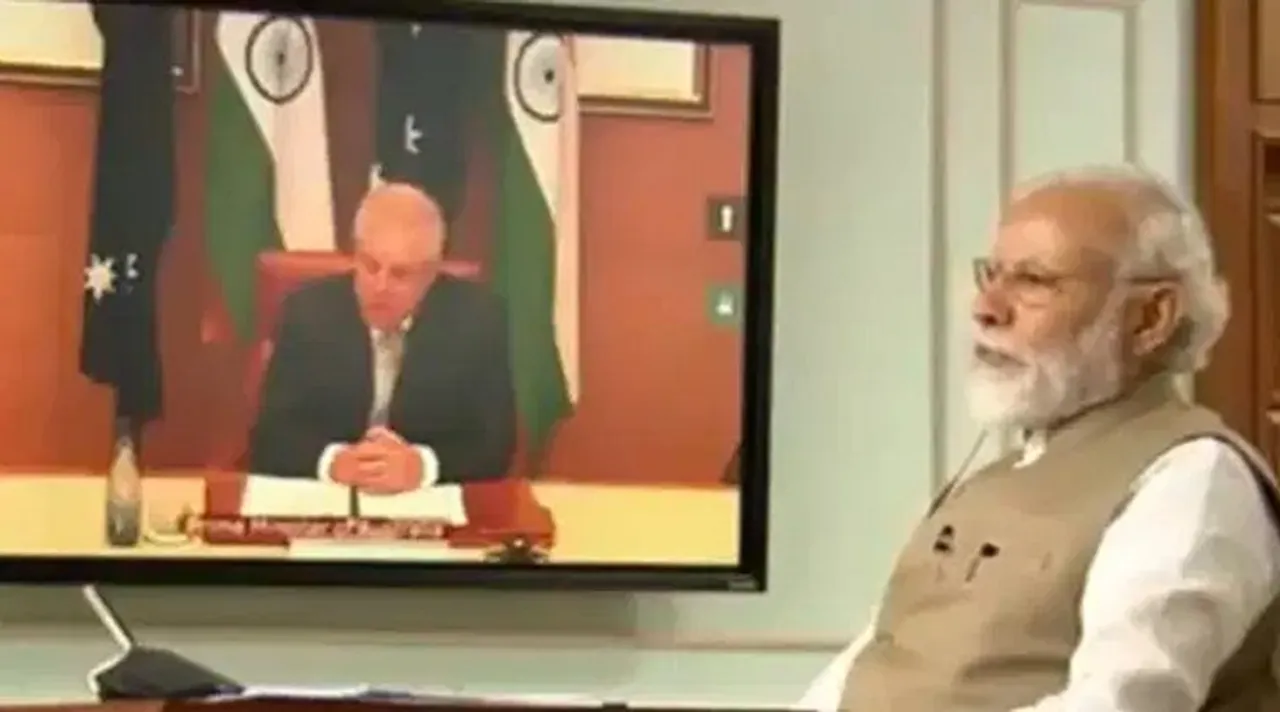 prime minister narendra modi, মোদী ভার্চুয়াল বৈঠক, মোদী, মরিসন, ভারত অষ্ট্রেলিয়া australian pm scott morrison, india australia bilateral relations, মোদী মরিসন modi-morrison virtual summit, pm modi l;augh, australiam pm samosa story, indian express bangla