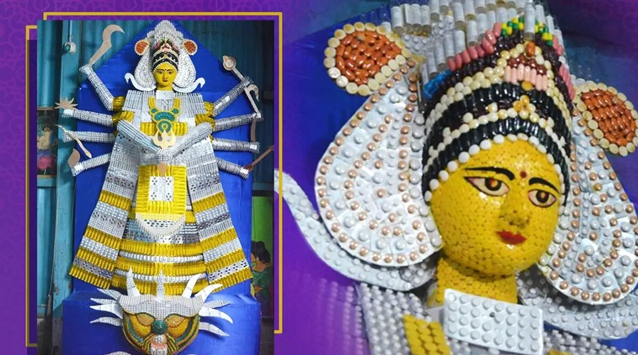 ক্য়াপসুল-সিরিঞ্জের দুর্গা প্রতিমা,  দেখলে চমকে যাবেন