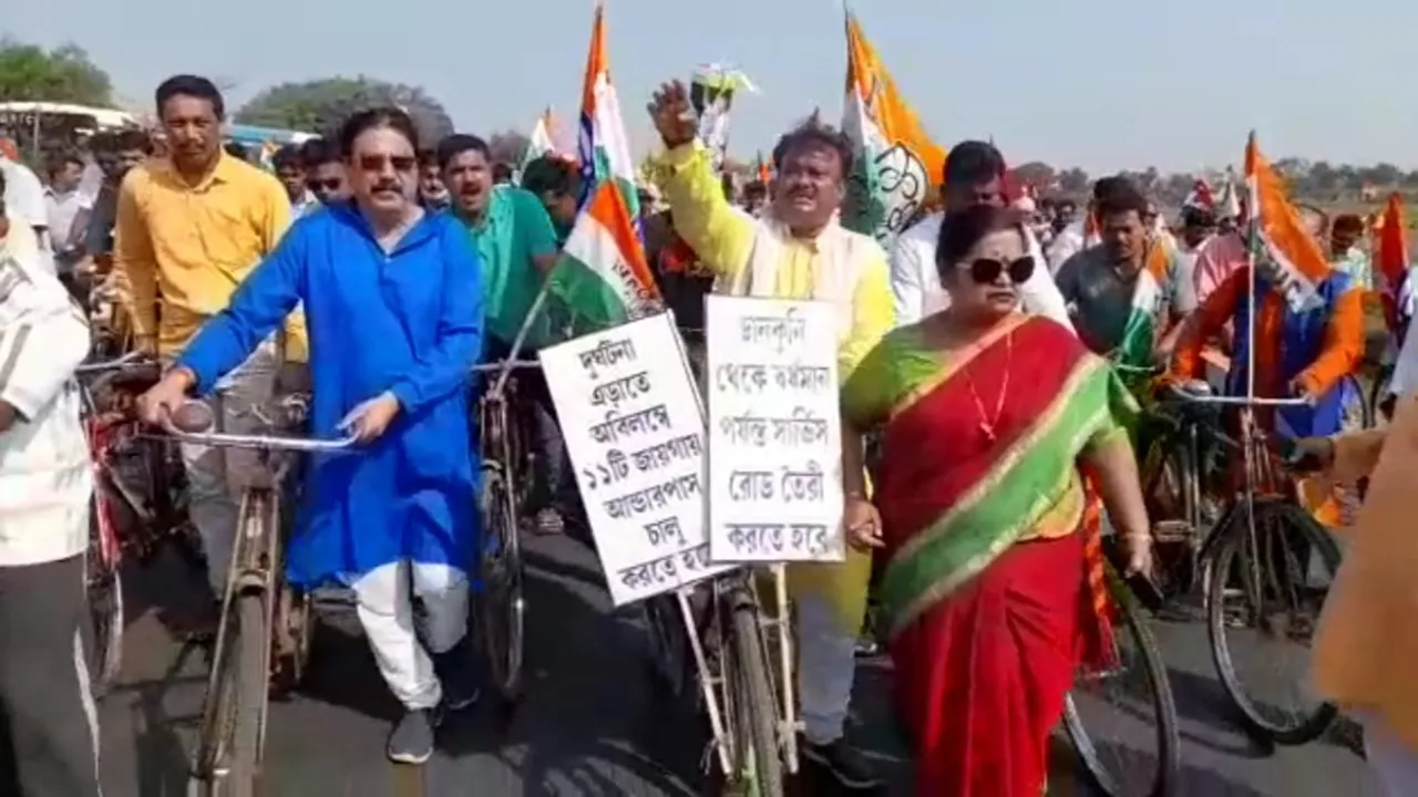 Minister Becharam Manna holds bicycle procession demanding construction of underpass on Durgapur Expressway