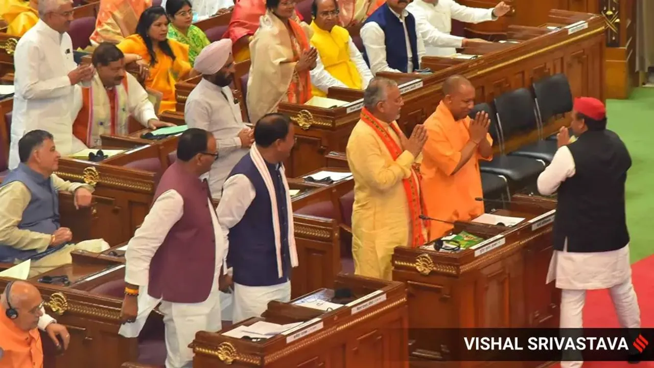 Yogi, Akhilesh greet, exchange smiles as they meet in UP Assembly first time after polls