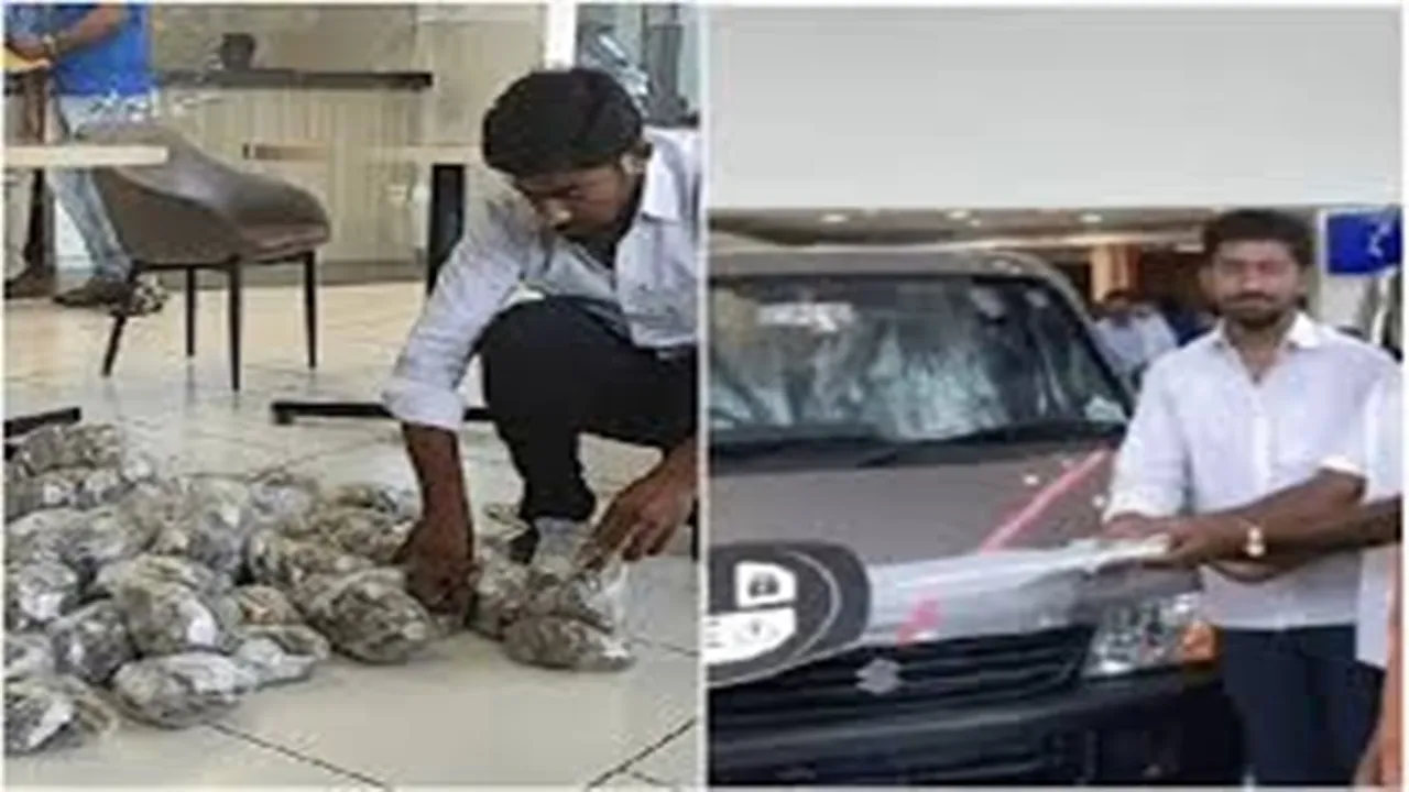 tamil nadu, man, car, ten rupee coins, viral,