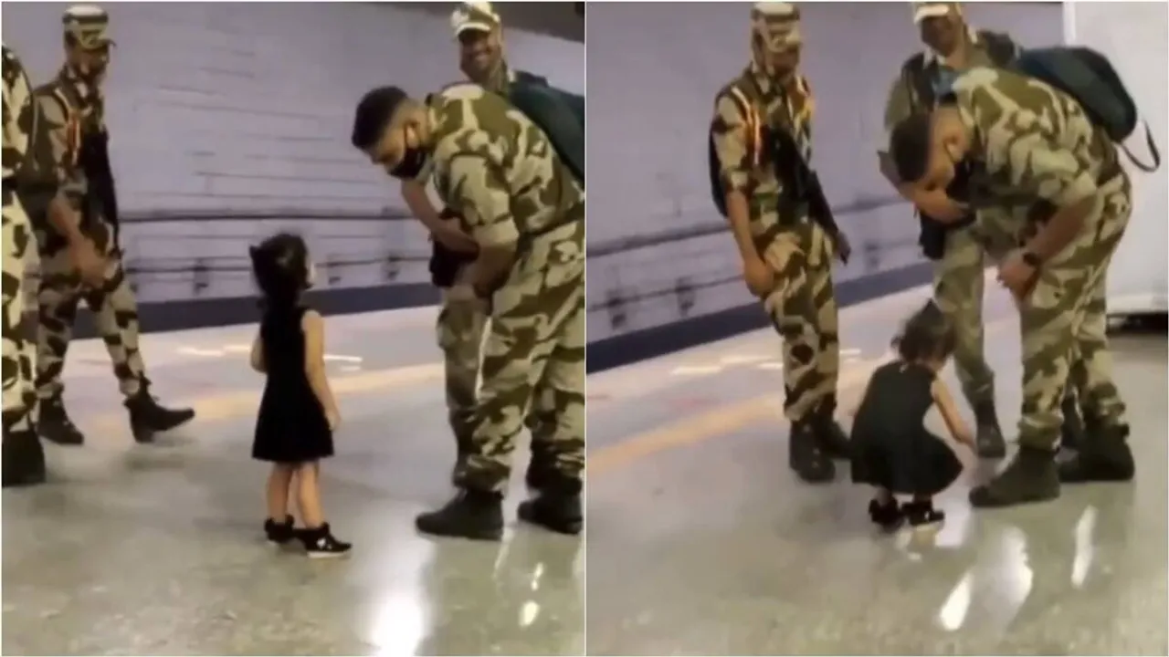 girl touch jawan feet, child touch security personnel feet, kid cisf feet touching video, viral video, indian express