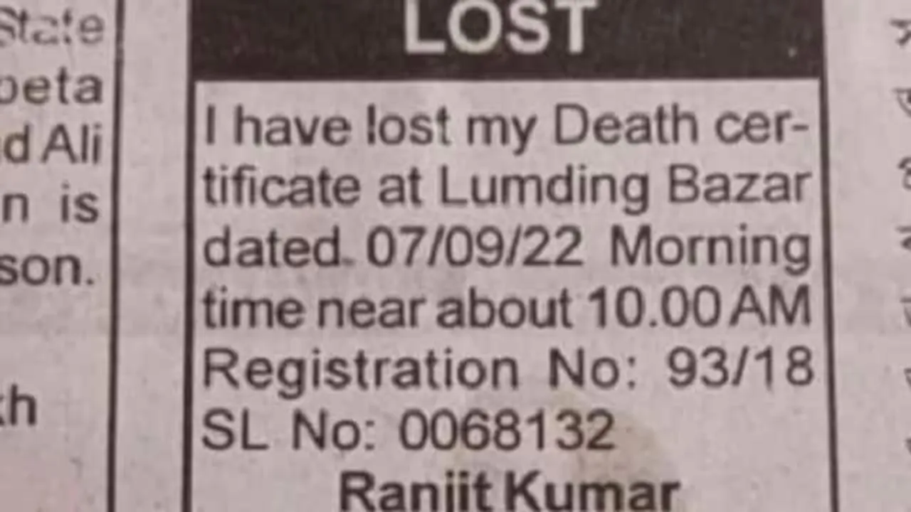 lost death certificate, newspaper ad for lost death certificate, death certificate, newspaper ad, indian express
