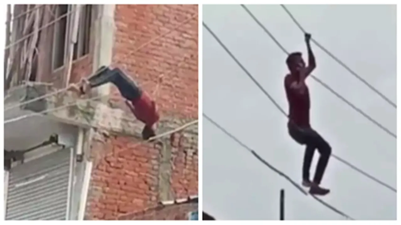 viral on internet, viral khabar, today viral video, shocking viral video, pilibhit district in uttar pradesh, man stunt on live wires, india news in hindi, amaria town viral video