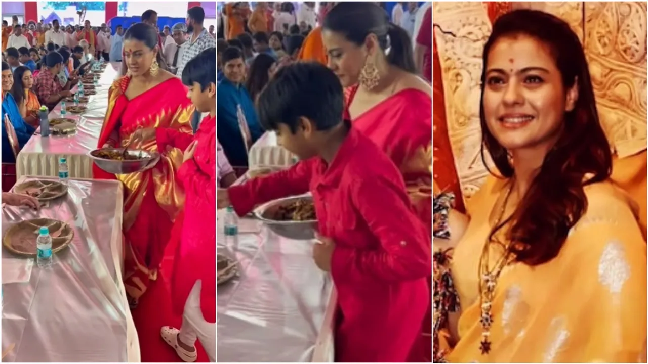 Bollywood actress Kajol, Kajol son Yug, Kajol at Mukherjee Puja, Kaajol Durga Puja, Durga Puja 2022, কাজল, কাজলের ছেলে যুগ, মুখার্জি বাড়ির পুজো, মুম্বইয়ের দুর্গাপুজো, তারকাদের পুজো, Indian Express Entertainment News, Bengali News today